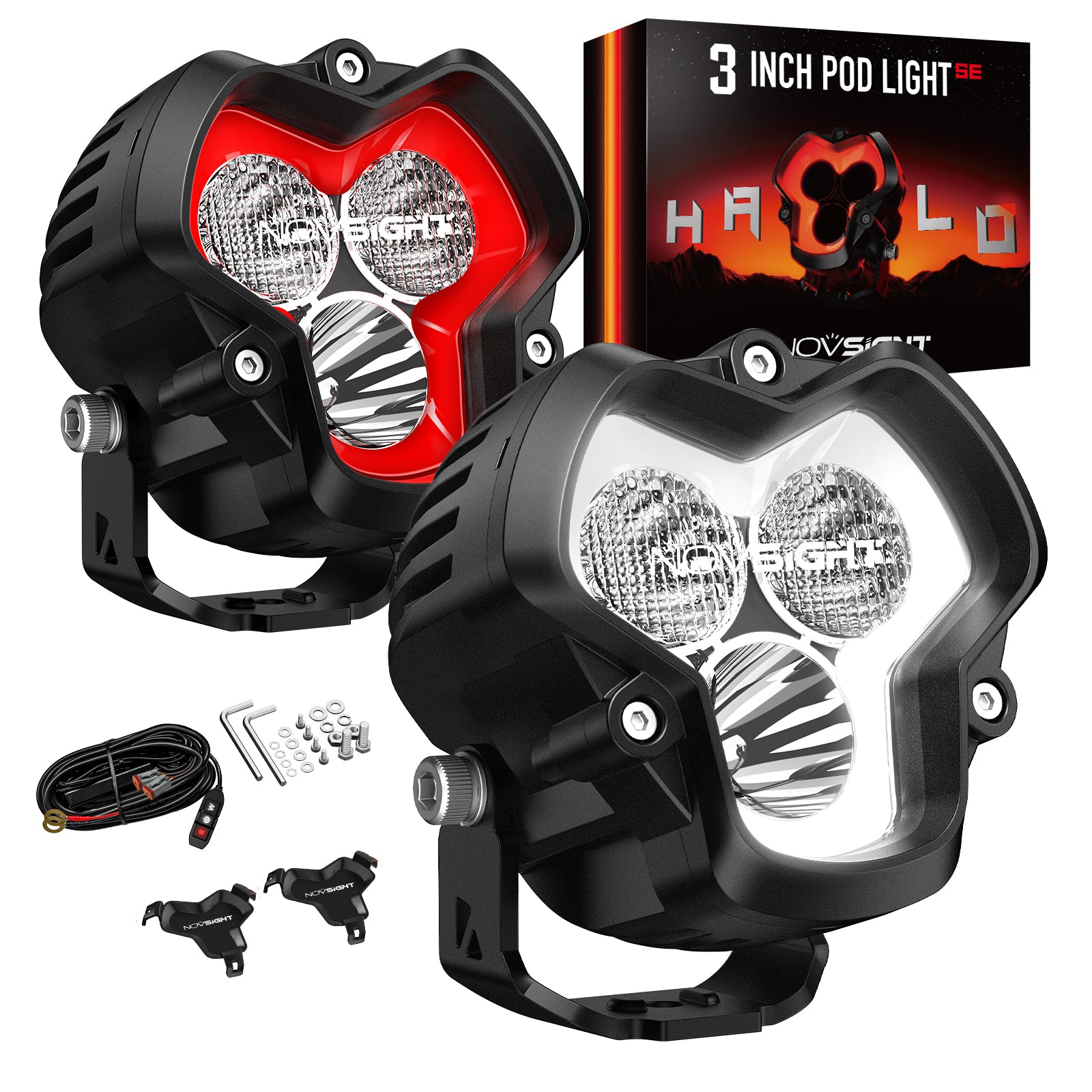 HALO SE Series 3-inch LED Pod Lights with Red and White DRL - NOVSIGHT