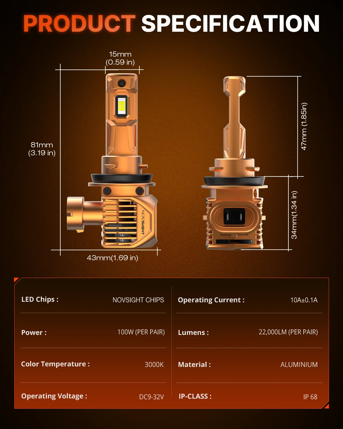 N62 Series | H11 H8 H9 LED Fog Light Bulbs 100W 22000LM 3000K Golden Yellow Amber | 2 Bulbs
