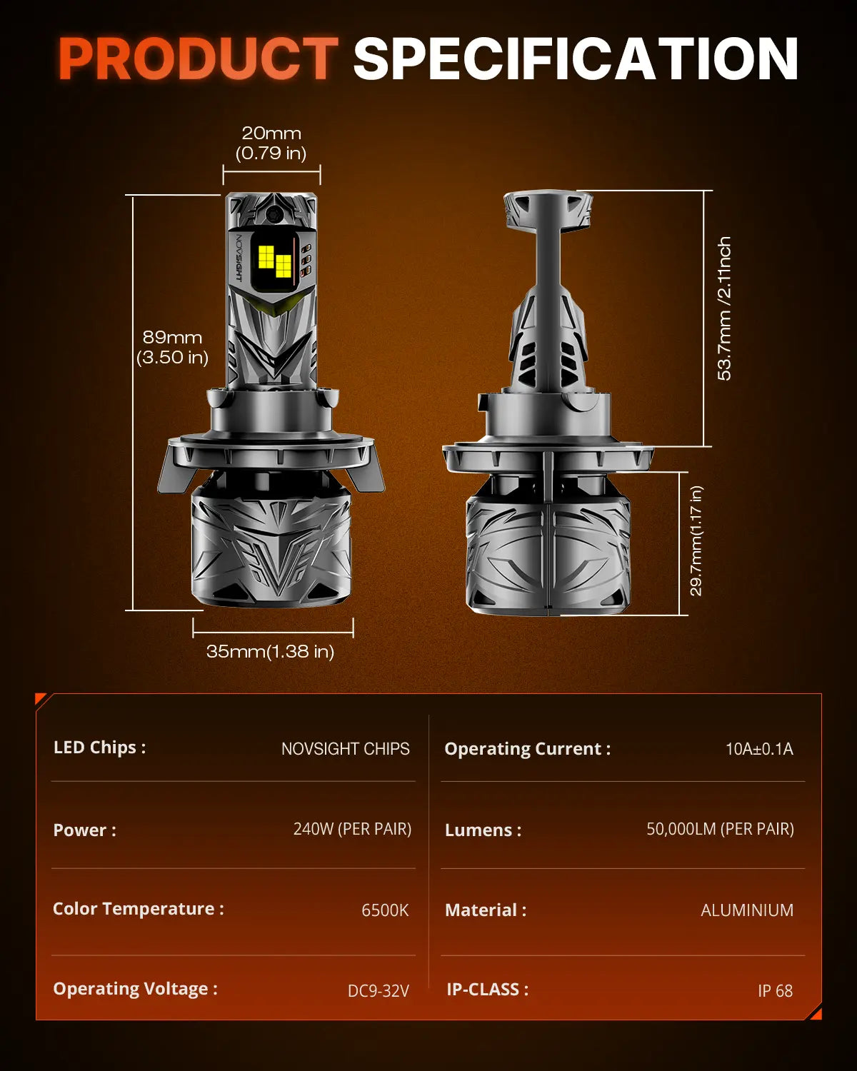 N70 Series | H13 9008 LED Bulbs Super Bright Headlights 240W 50000LM 6500K White | 2 Bulbs Headlight | Novsight