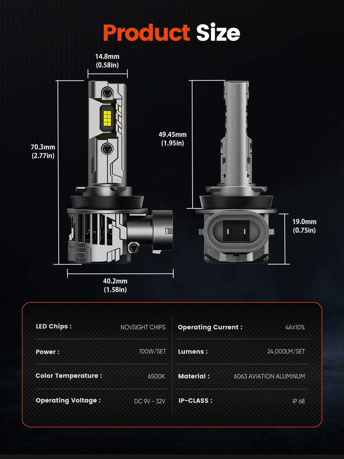 N99 Series Wireless | H11 H8 H9 H16 LED Headlight Bulbs 100W 24000LM 6500K White | 2 Bulbs - NOVSIGHT