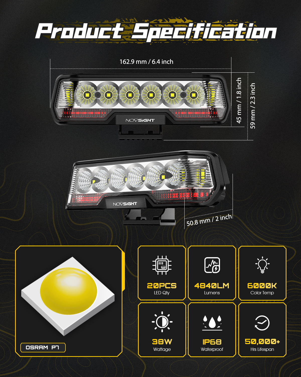6 Inch LED Integrated Reverse and Brake Light Bar Flood Beam - NOVSIGHT