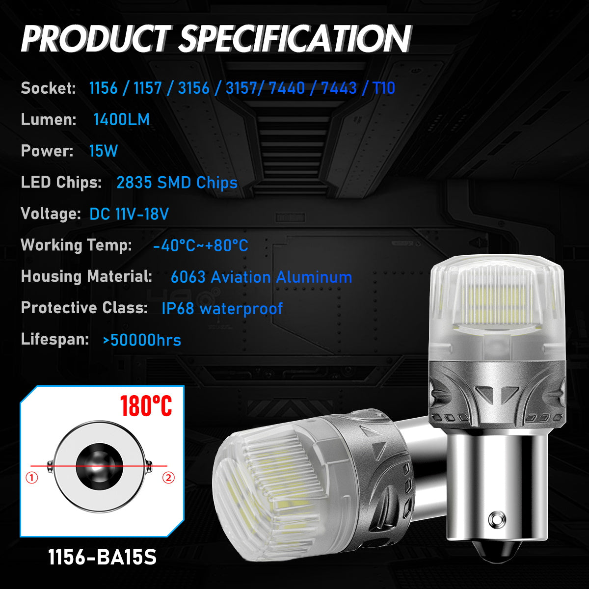 1156 180° P21W BA15S LED Bulbs for Rear Front Sinaling Lights DRL - White - NOVSIGHT