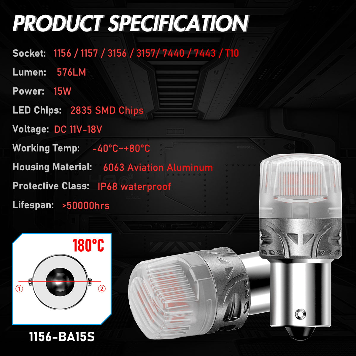 1156 180° P21W BA15S LED Bulbs for Rear Brake Tail Lights - Red - NOVSIGHT