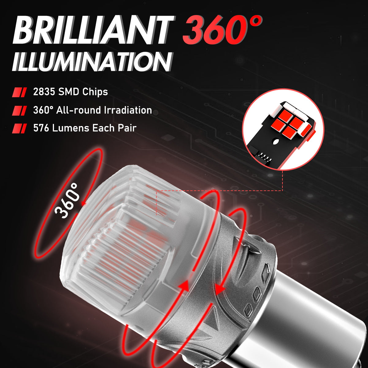 1156 180° P21W BA15S LED Bulbs for Rear Brake Tail Lights - Red - NOVSIGHT