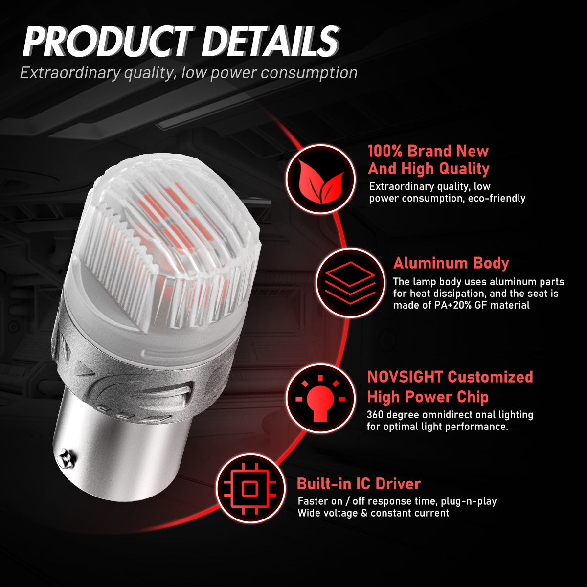 1156 180° P21W BA15S LED Bulbs for Rear Brake Tail Lights - Red - NOVSIGHT