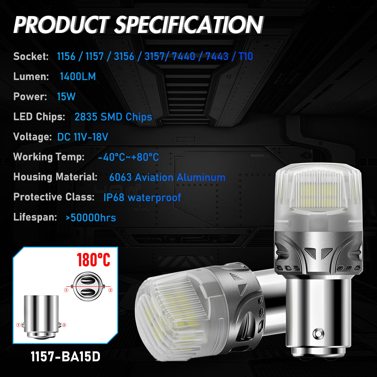 1157 180° P215W BAY15D BA15D LED Bulbs for Rear Front Signaling Lights DRL - White - NOVSIGHT