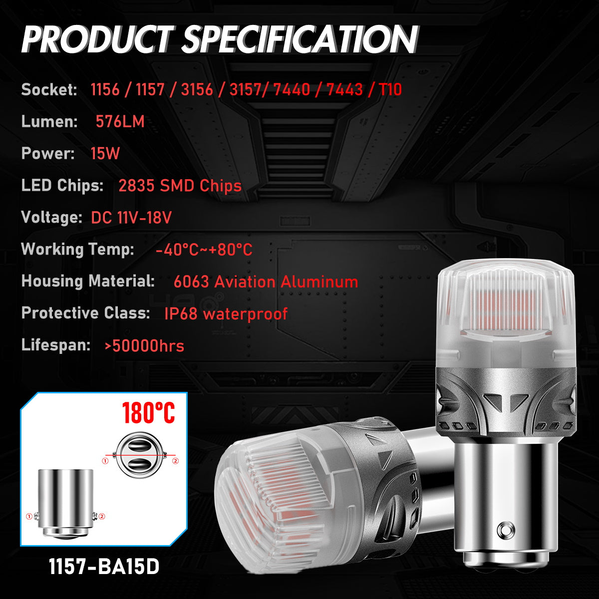 1157 180° P215W BAY15D BA15D LED Bulbs for Rear Tail Lights Brake Lights - Red - NOVSIGHT