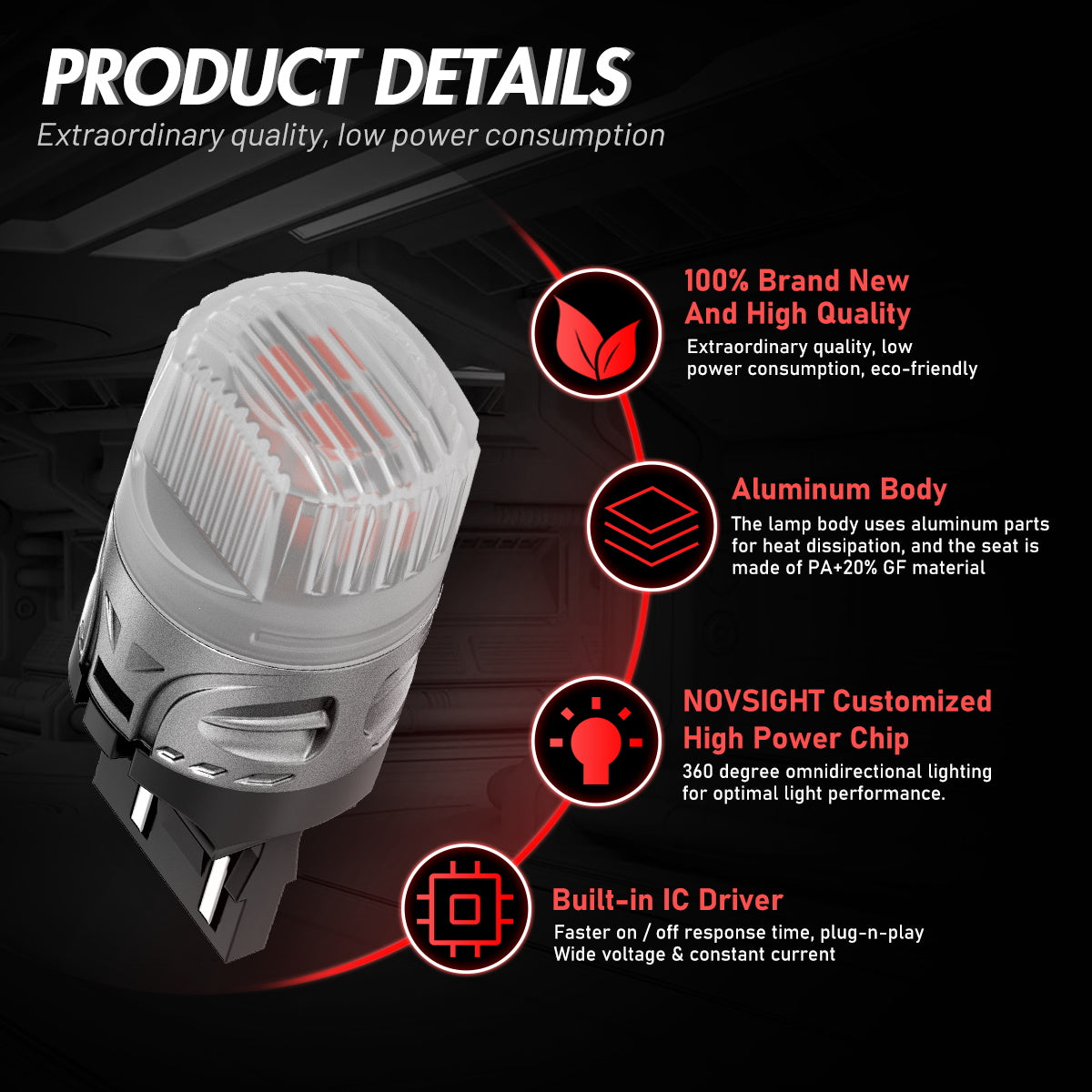 7443 T20 7444 W21 5W LED Bulbs for Rear Tail Lights Brake Lights - Red - NOVSIGHT