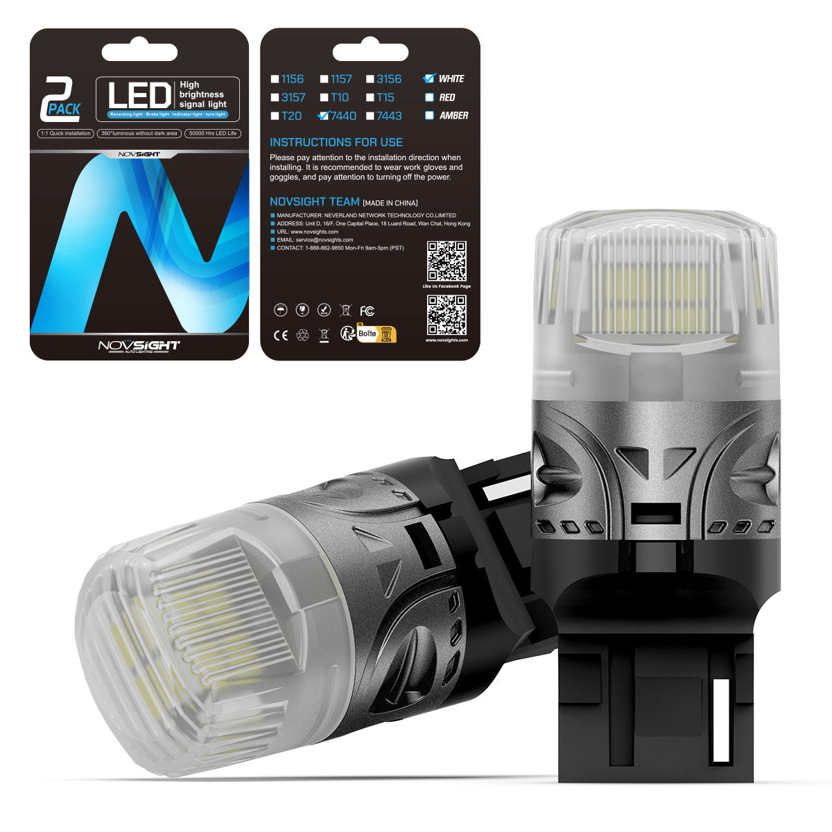 7440 T20 7441 992 WY21W LED Bulbs for Rear Front Reverse Lights DRL - White - NOVSIGHT