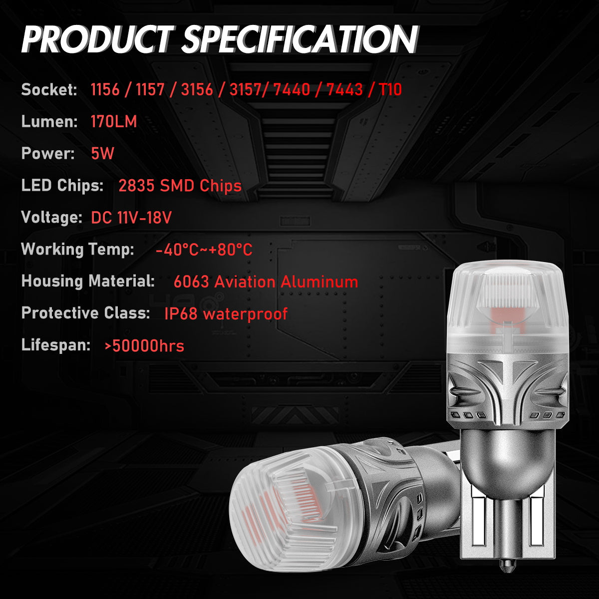 T10 158 161 168 194 W5W LED Bulbs for Rear Brake Tail Lights - Red - NOVSIGHT