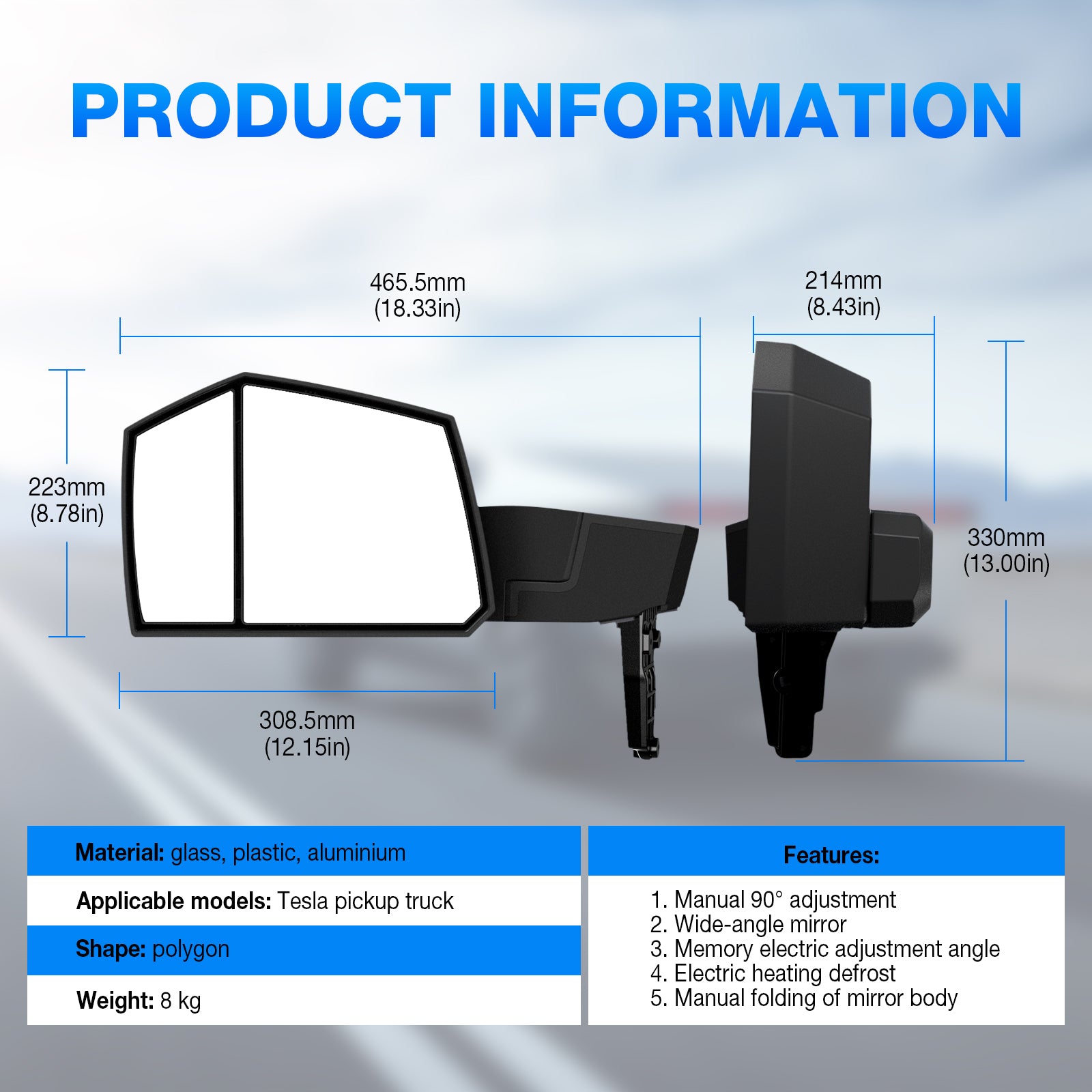 Tesla Cybertruck 90-Degree Adjustable Side Door Mirrors - NOVSIGHT