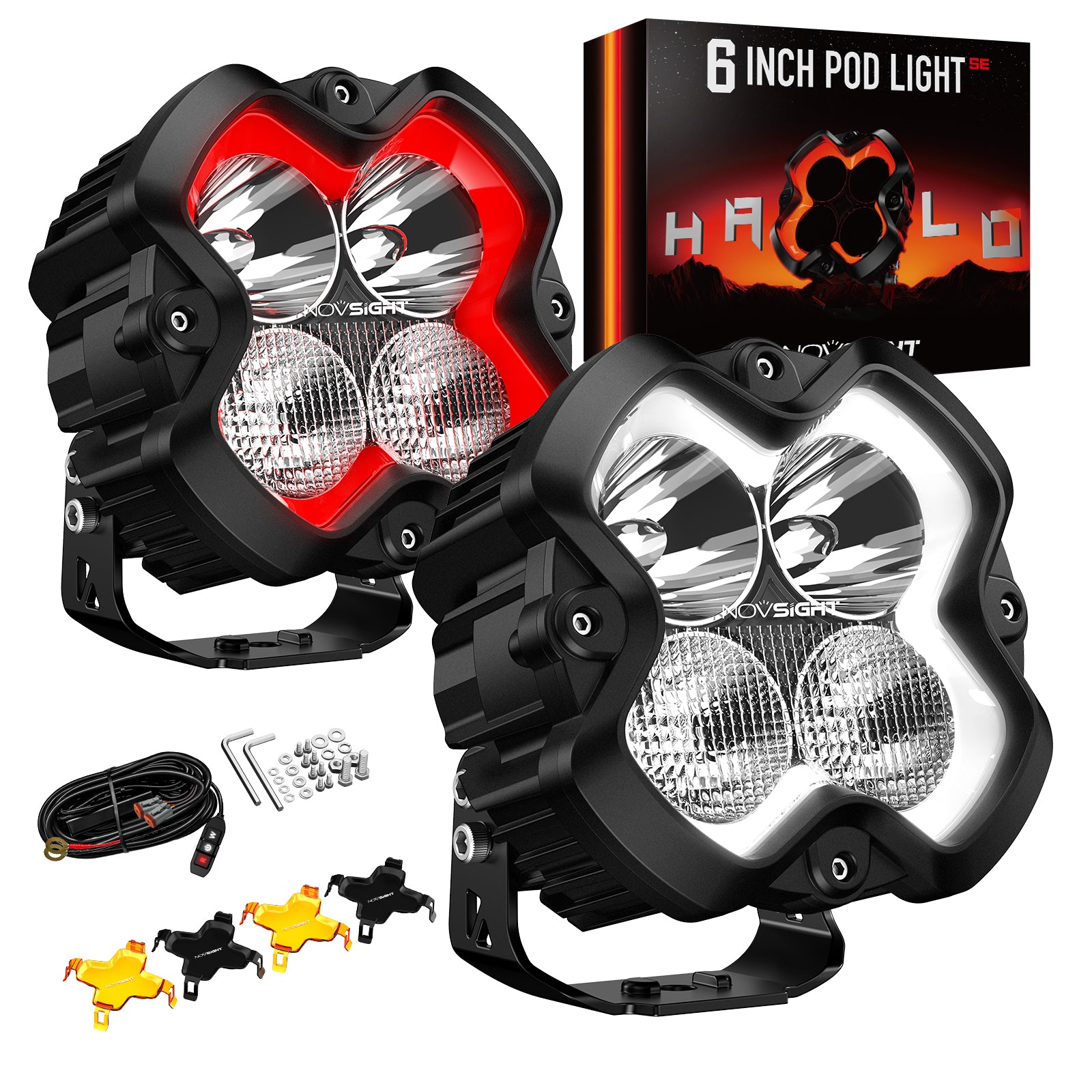 HALO SE Series 6-inch LED Pod Lights with Red and White DRL - NOVSIGHT