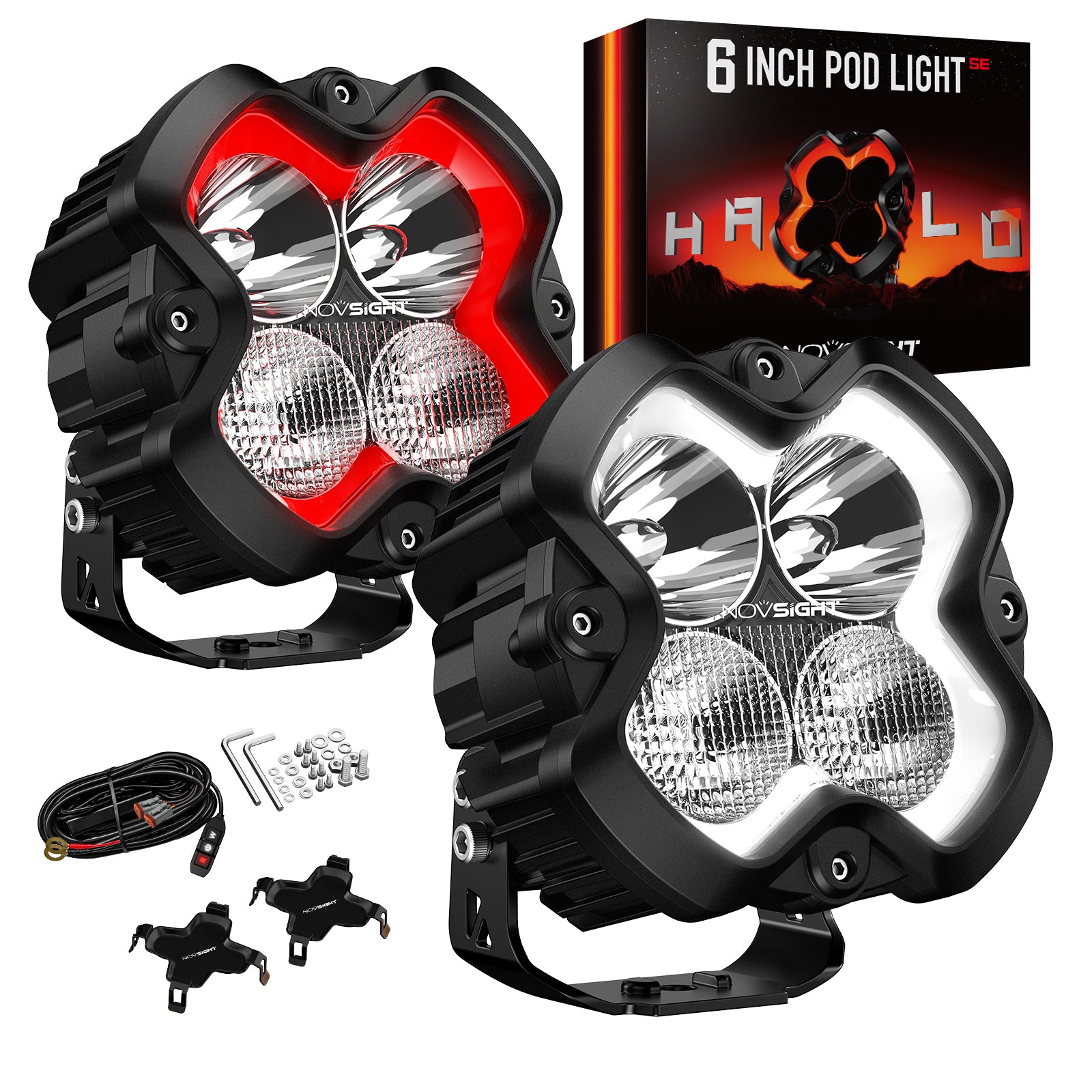 HALO SE Series 6-inch LED Pod Lights with Red and White DRL - NOVSIGHT
