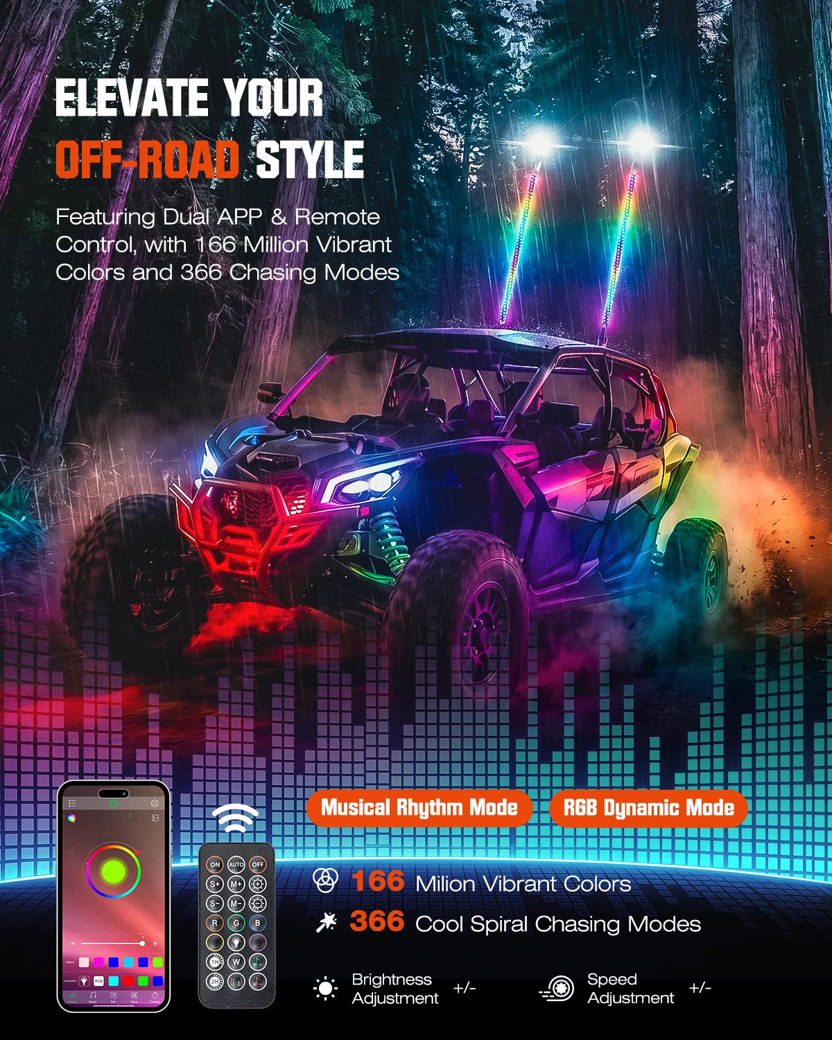 A promotional graphic for a colorful off-road UTV vehicle with neon light bars and multicolor lighting effects, shown in a forest setting. Text highlights features like dual app and remote control, 166 million vibrant colors, and 366 chasing modes.