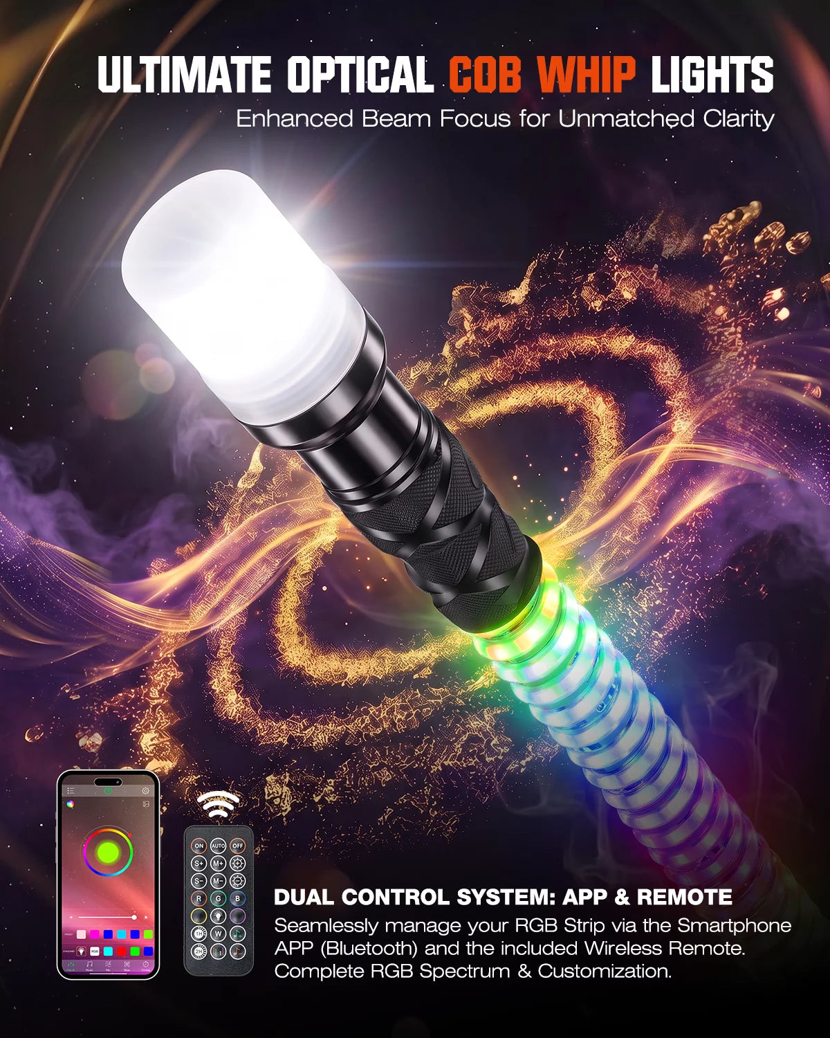 LED Whip Light with 2200LM Signal Beacon | RGB Whip Pair for UTV/ATV