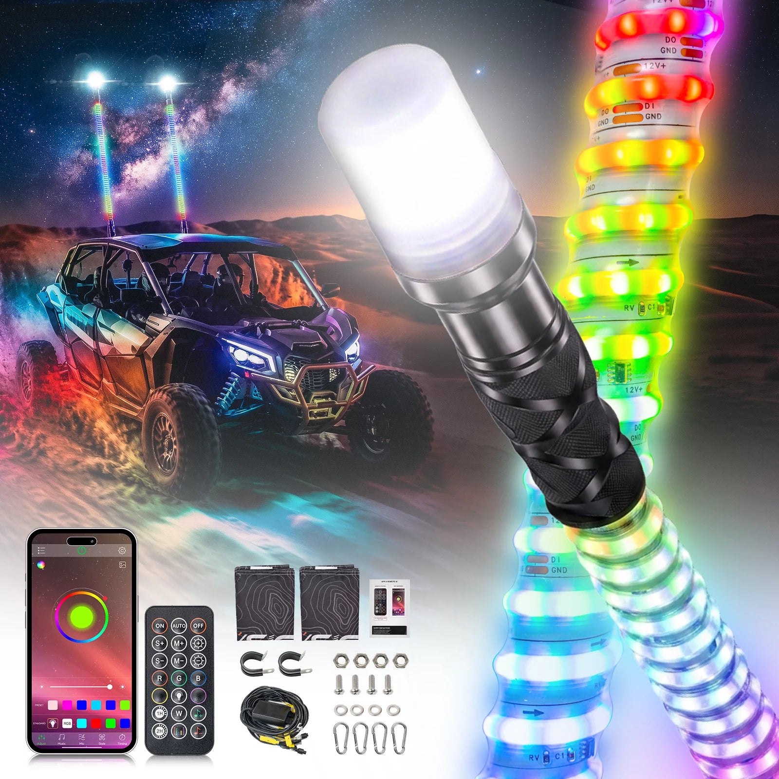 A rugged off-road UTV vehicle driving through sand dunes at night under a starry sky with the Milky Way. The vehicle has bright blue headlights and two tall antennas emitting rainbow-colored light beams.