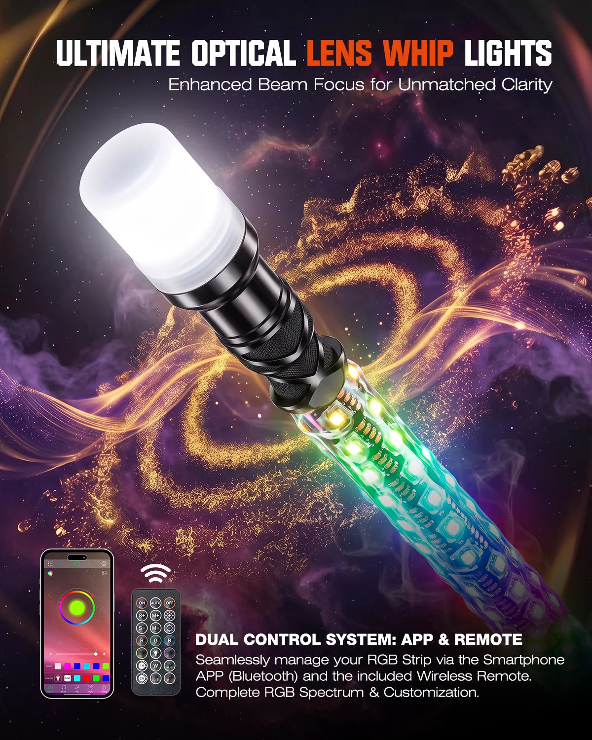 LED Whip Light with 2200LM Signal Beacon | RGB Whip Pair for UTV/ATV