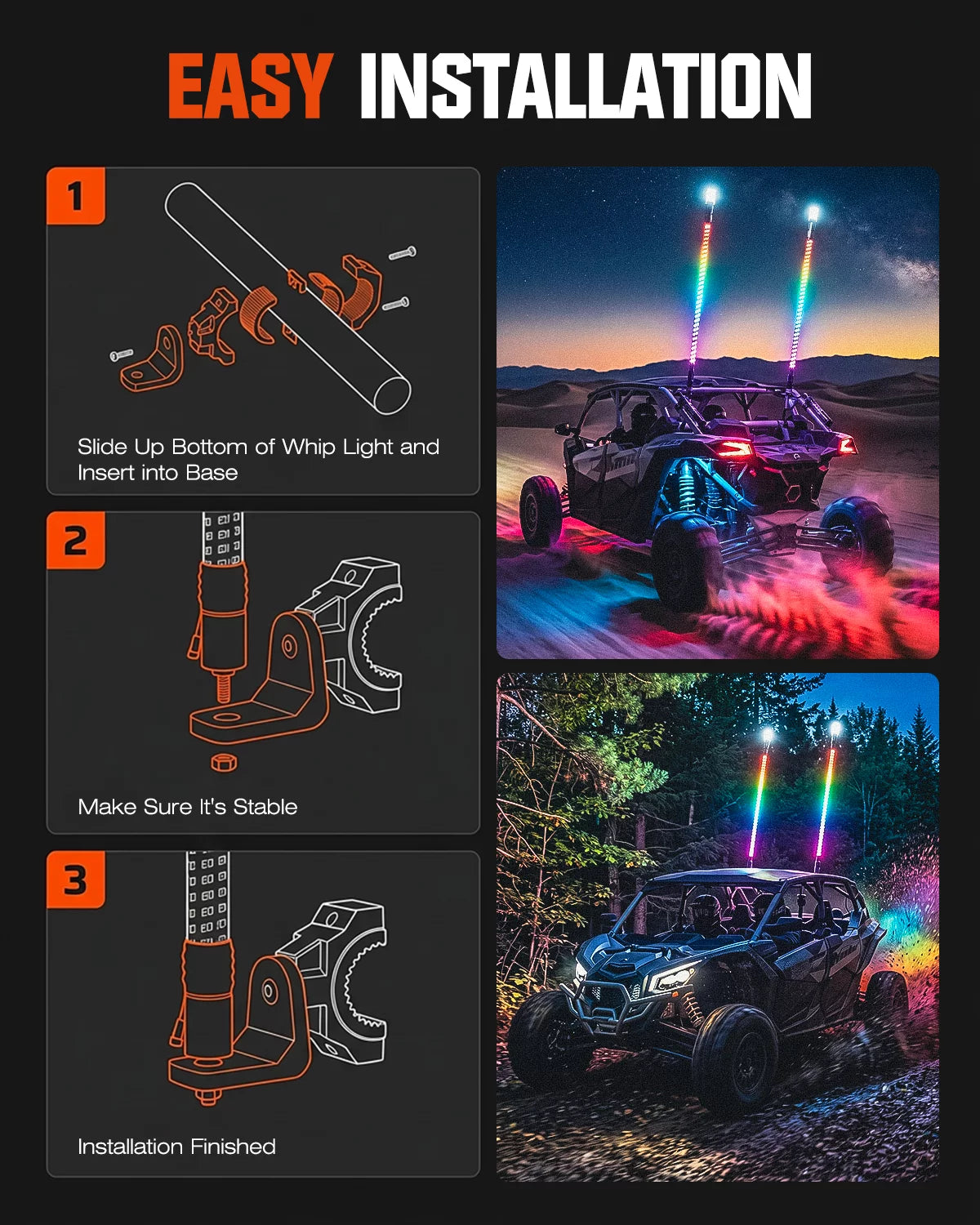 Installation guide graphic for a vehicle light product, with three step-by-step diagrams on the left and two photos of an off-road vehicle on trails at night showing the light in use. The header reads 'EASY INSTALLATION'.