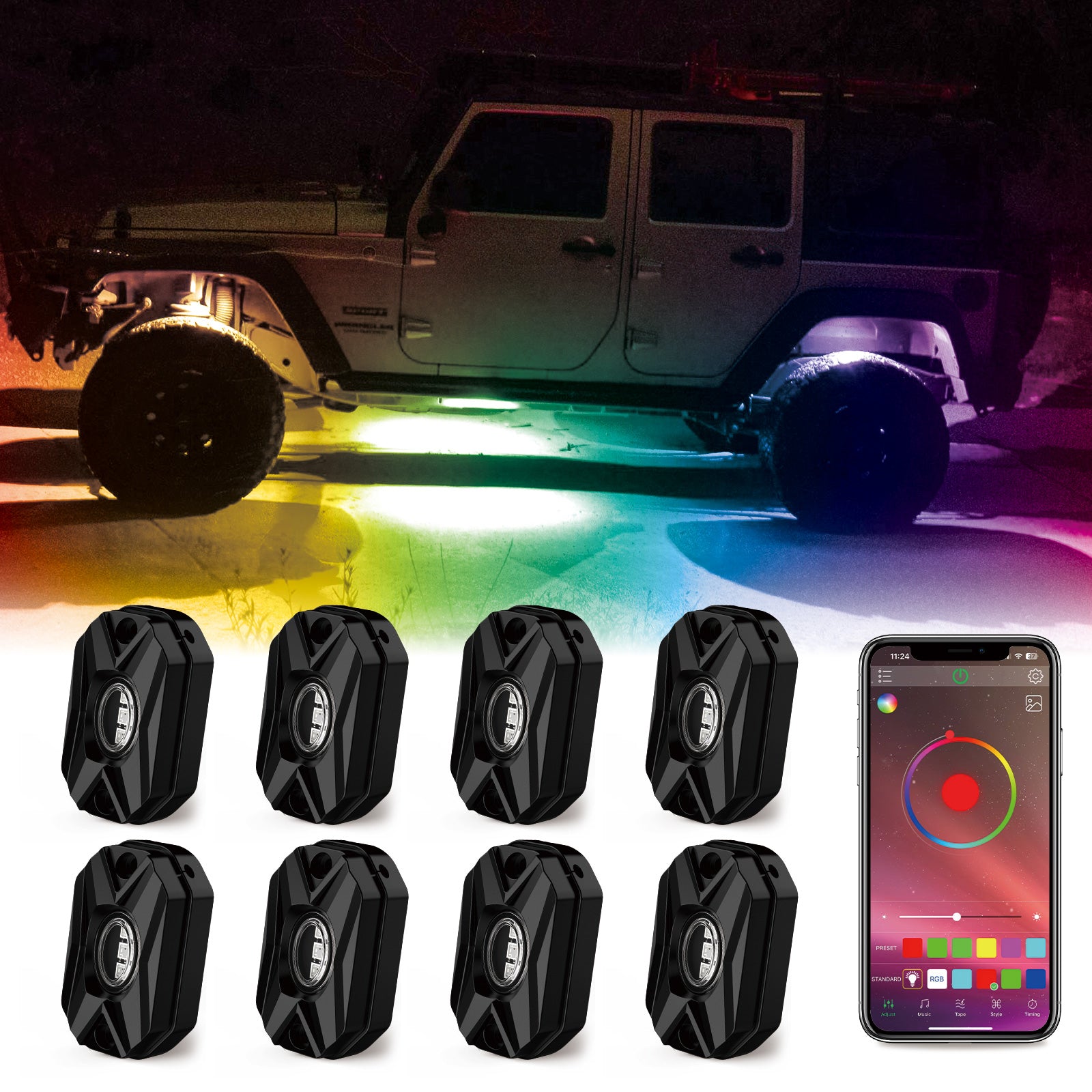 RGB LED Rock Lights Kit One to Eight (4Pods Set /8 Pods Set) - NOVSIGHT