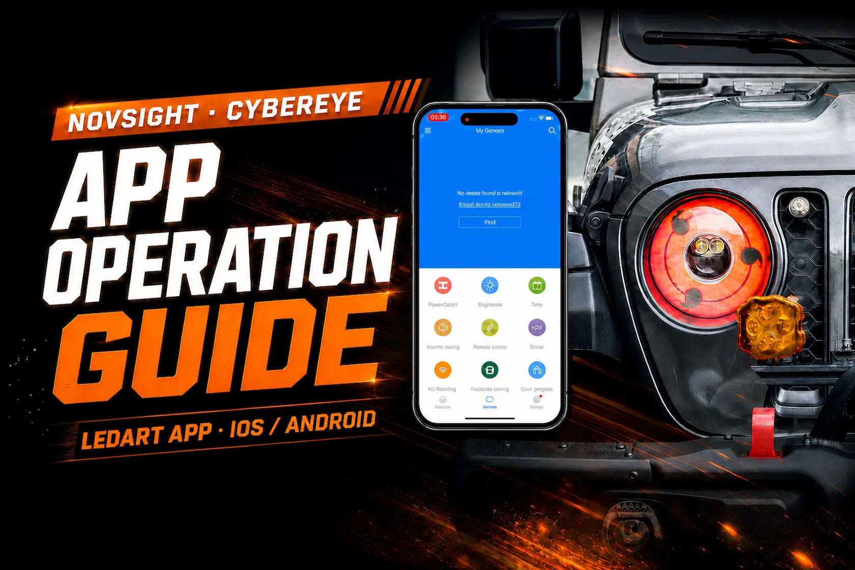 Novsight Cyber Eye LED grille headlight displaying a custom pattern, controlled by the LedArt smartphone app