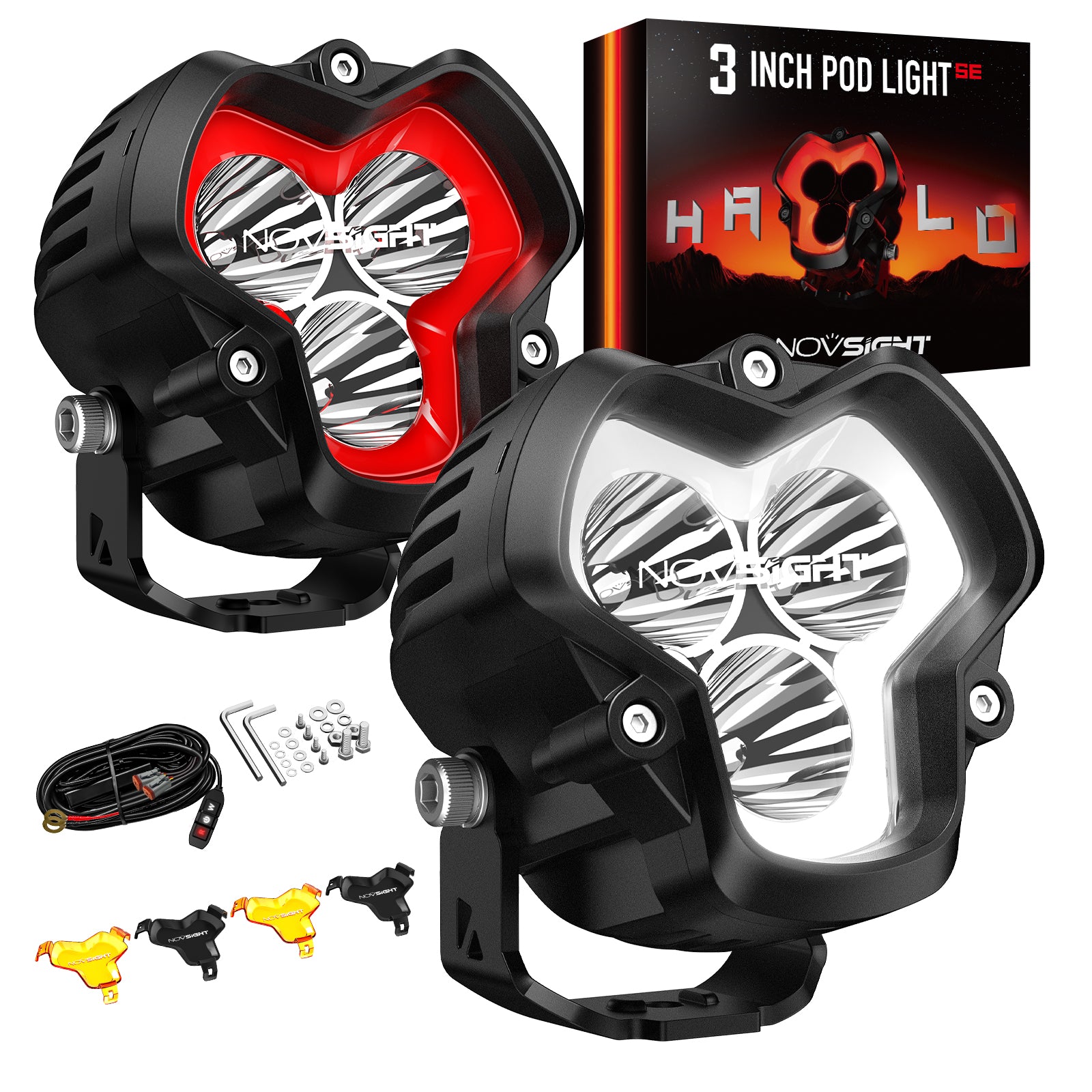 HALO SE Series 3-inch LED Pod Lights with Red and White DRL - NOVSIGHT