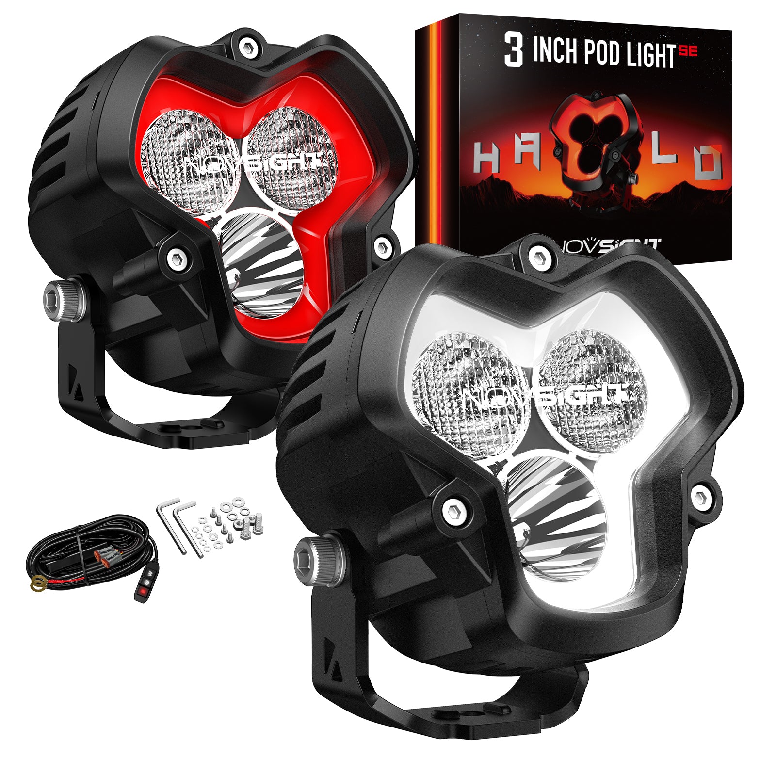 HALO SE Series 3-inch LED Pod Lights with Red and White DRL - NOVSIGHT