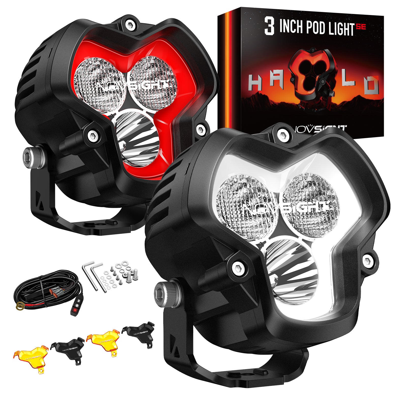 HALO SE Series 3-inch LED Pod Lights with Red and White DRL - NOVSIGHT