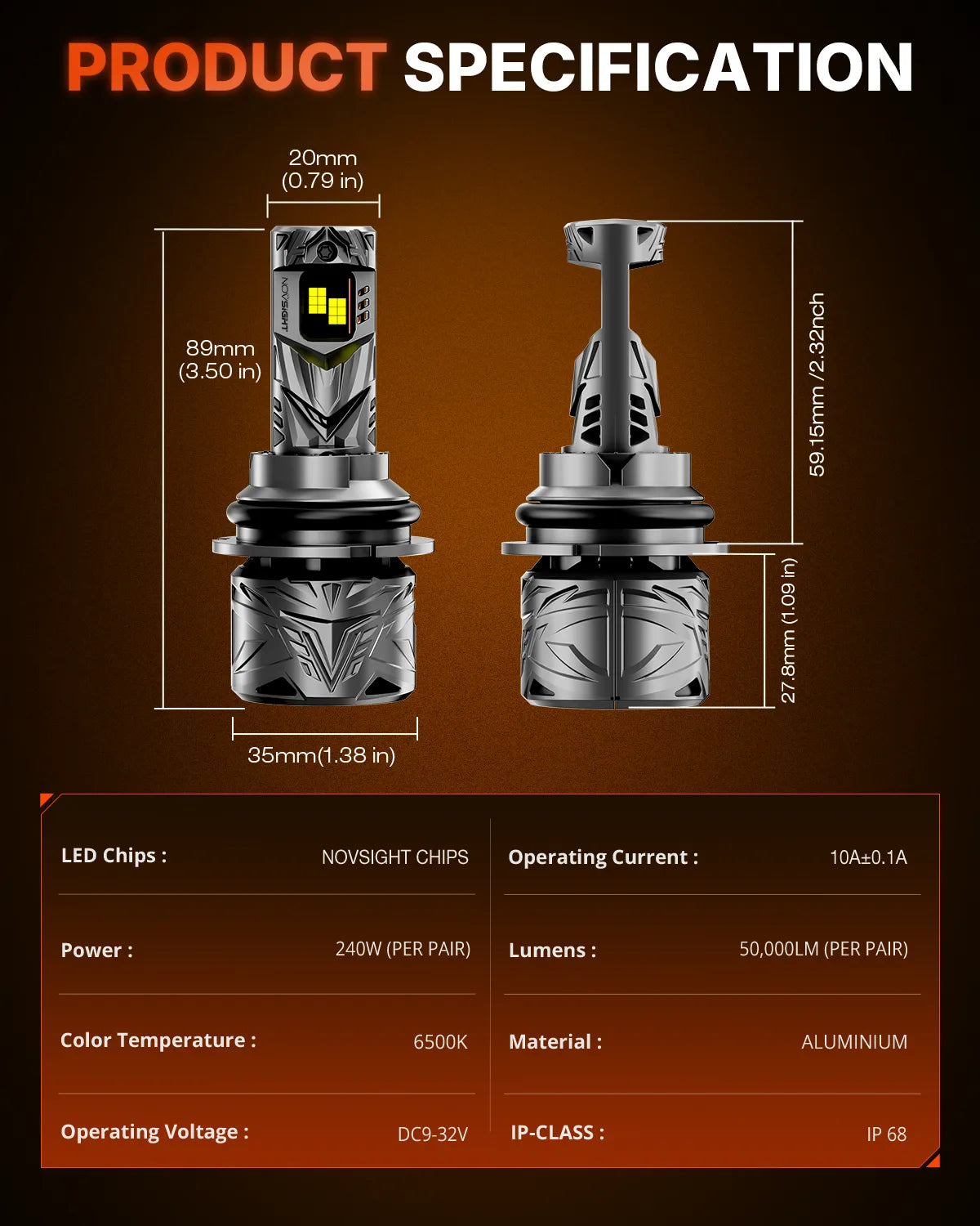 N70 Series | 9004 HB1 LED Bulbs Super Bright Headlights 240W 50000LM 6500K White | 2 Bulbs Headlight | Novsight