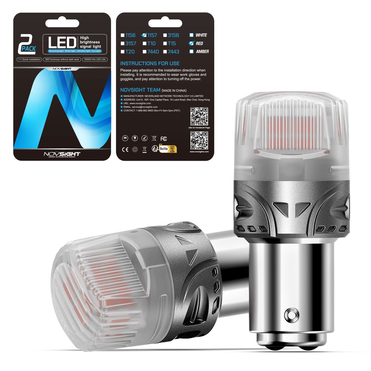 1157 180° P215W BAY15D BA15D LED Bulbs for Rear Tail Lights Brake Lights - Red - NOVSIGHT