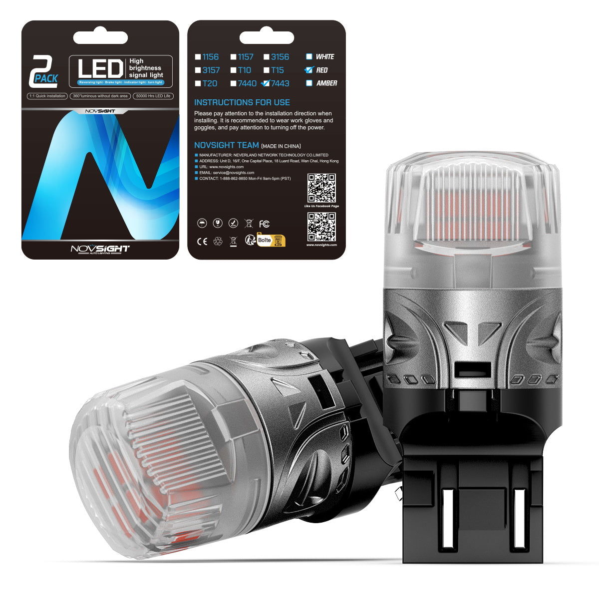 7443 T20 7444 W21 5W LED Bulbs for Rear Tail Lights Brake Lights - Red - NOVSIGHT