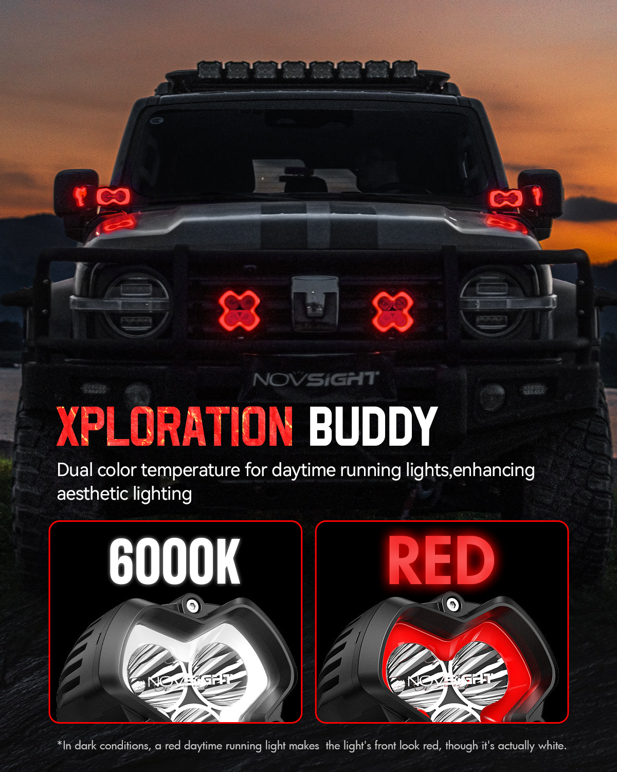 NOVSIGHT HALO SE 6-Inch LED Pod Lights - Red/White DRL Off-Road