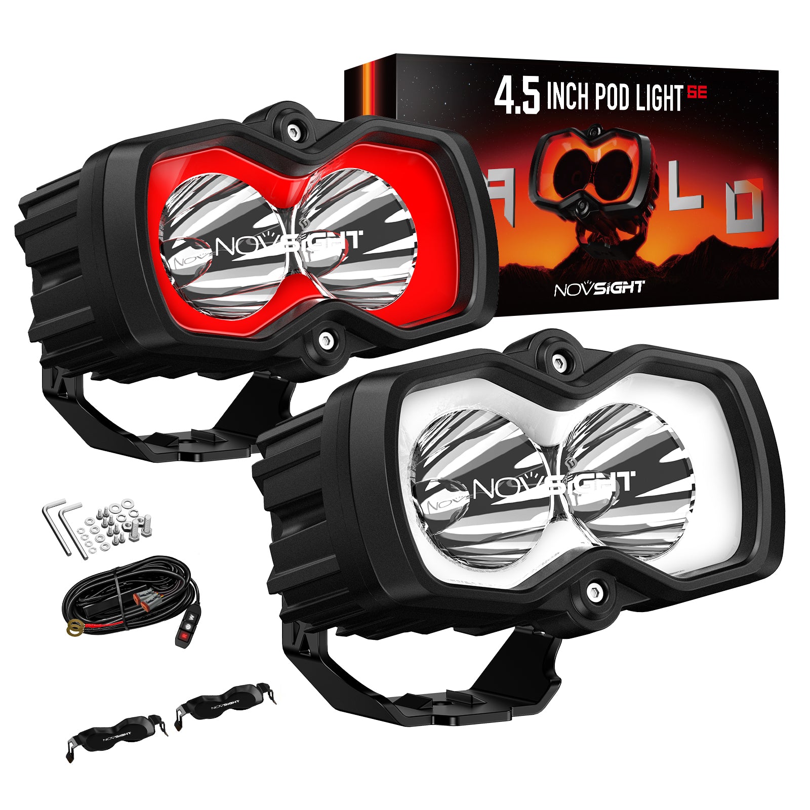 HALO SE Series 4.5-inch LED Pod Lights with Red and White DRL - NOVSIGHT