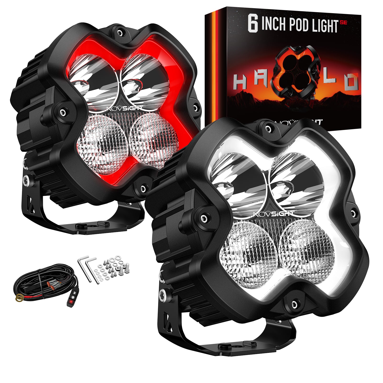 NOVSIGHT HALO SE 6-Inch LED Pod Lights - Red/White DRL Off-Road