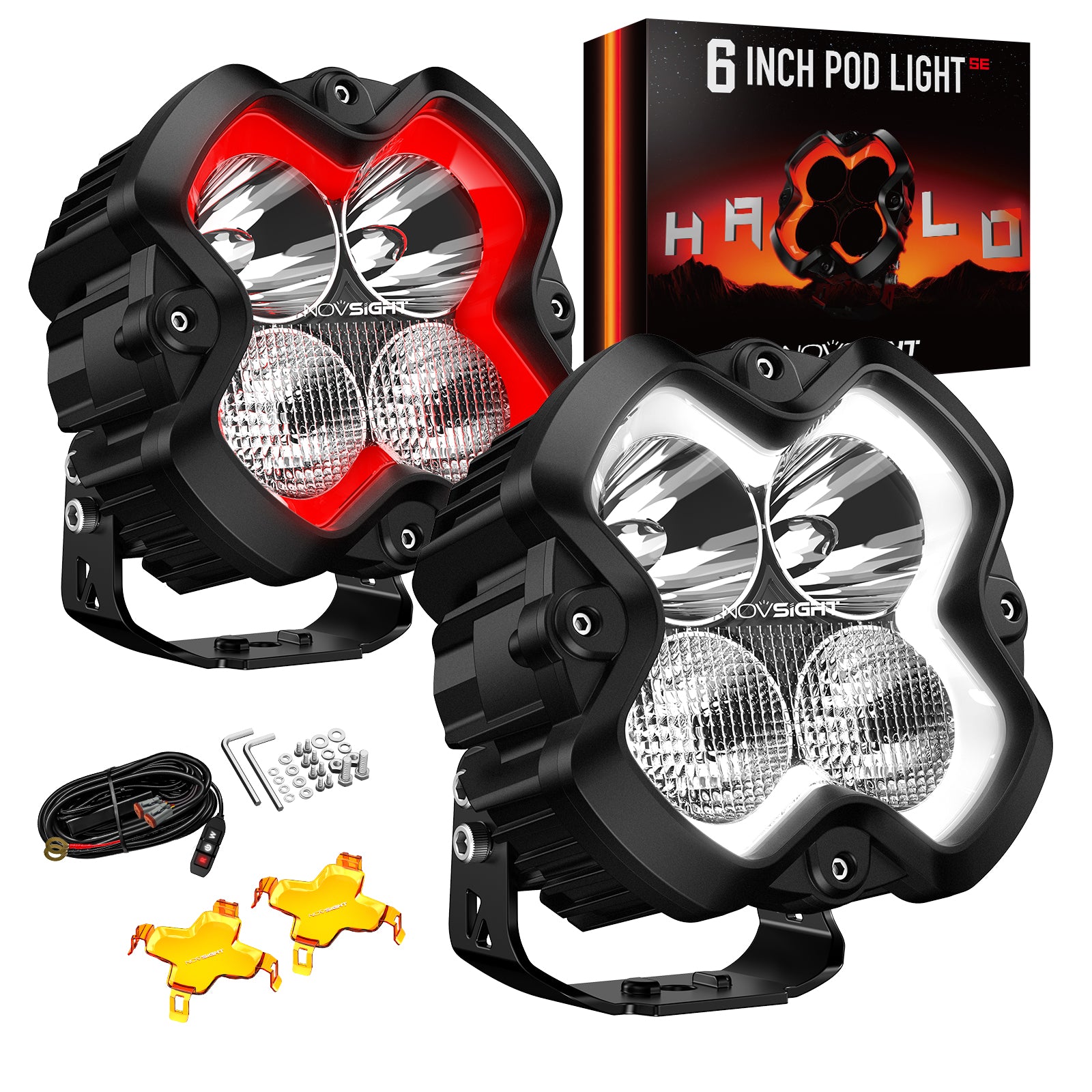 HALO SE Series 6-inch LED Pod Lights with Red and White DRL - NOVSIGHT