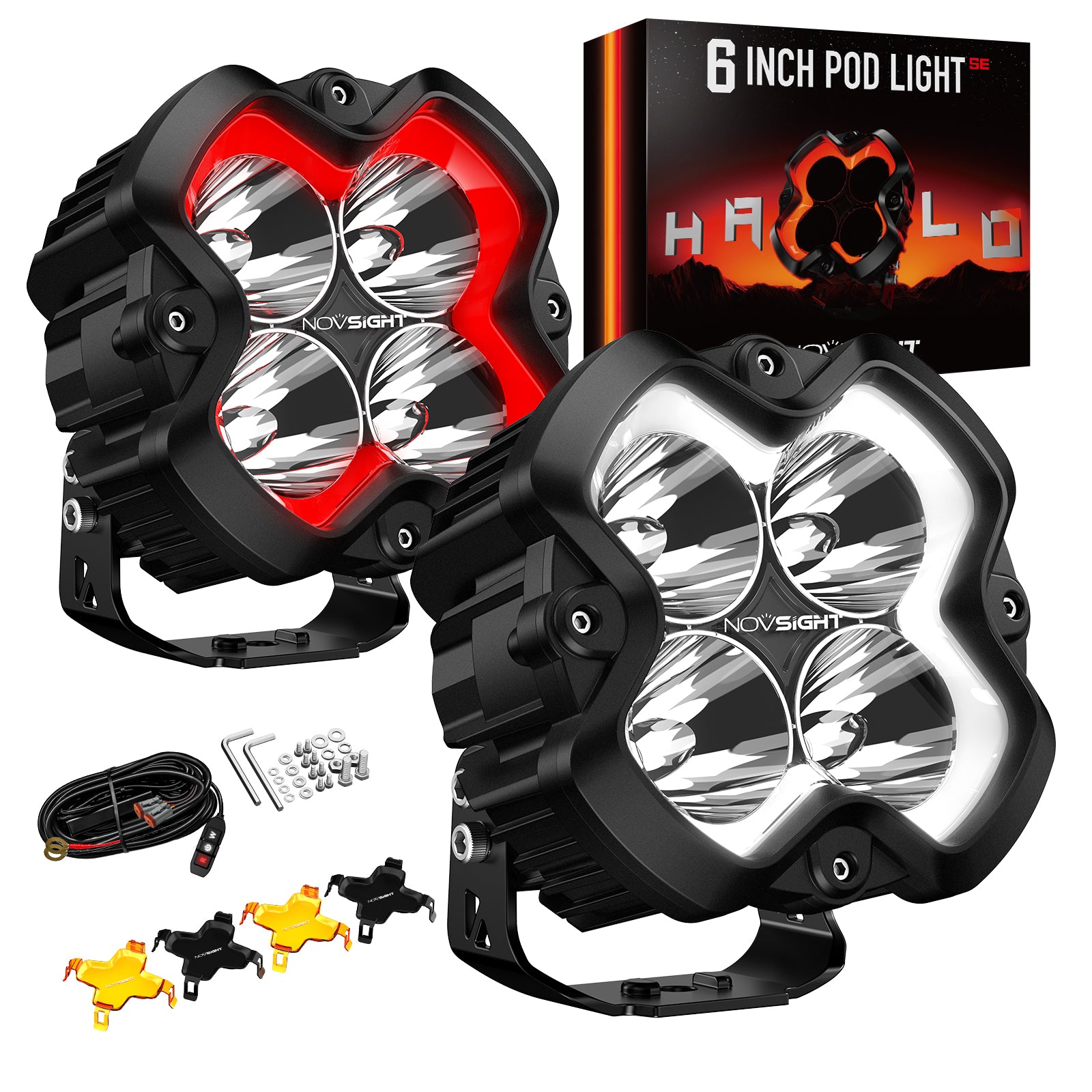 HALO SE Series 6-inch LED Pod Lights with Red and White DRL - NOVSIGHT
