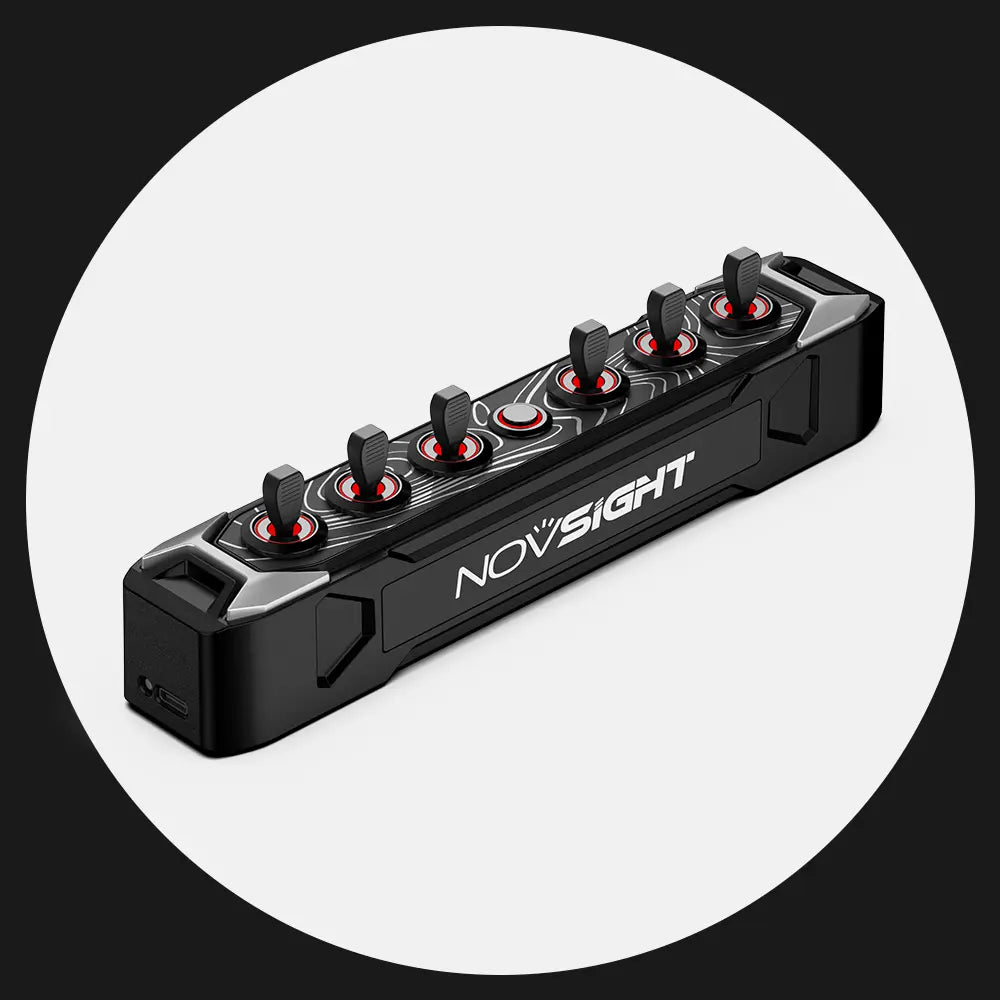 Black Toggle Switch Panel with red lights and 'NOVSIGHT' branding on a white background