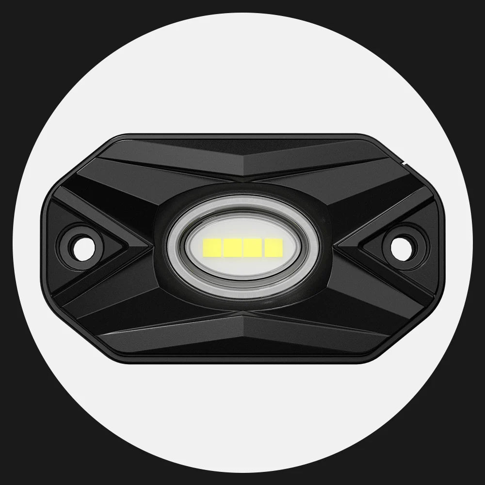 Black LED rock light for offroad on a white background