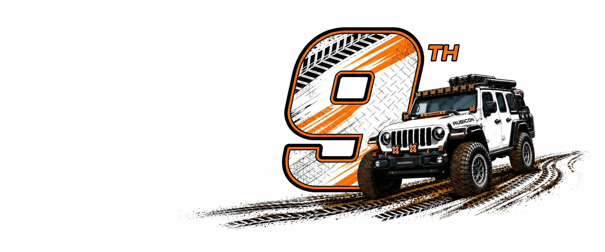 A stylized graphic featuring a white and black off-road vehicle with orange accents, positioned in front of a large orange and black number 9 with tire tracks and the text '9th TH'.