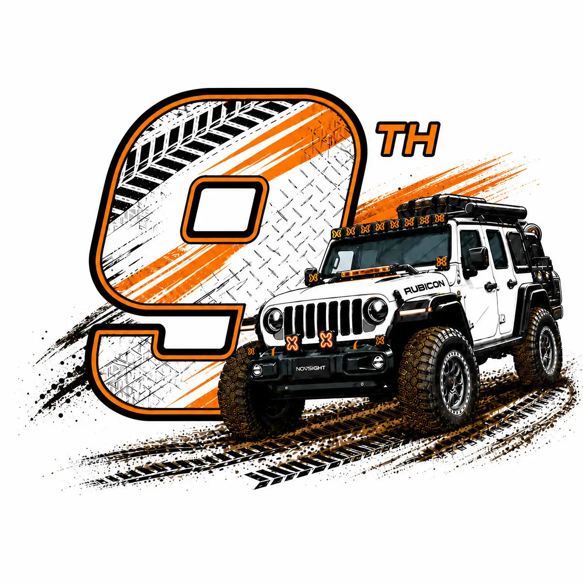 A graphic design featuring a white Jeep Wrangler with off-road tires and roof lights, positioned in front of a large distressed orange and black number 9 with 'TH' written above it. The design includes tire tracks and dirt splatters on a white background.