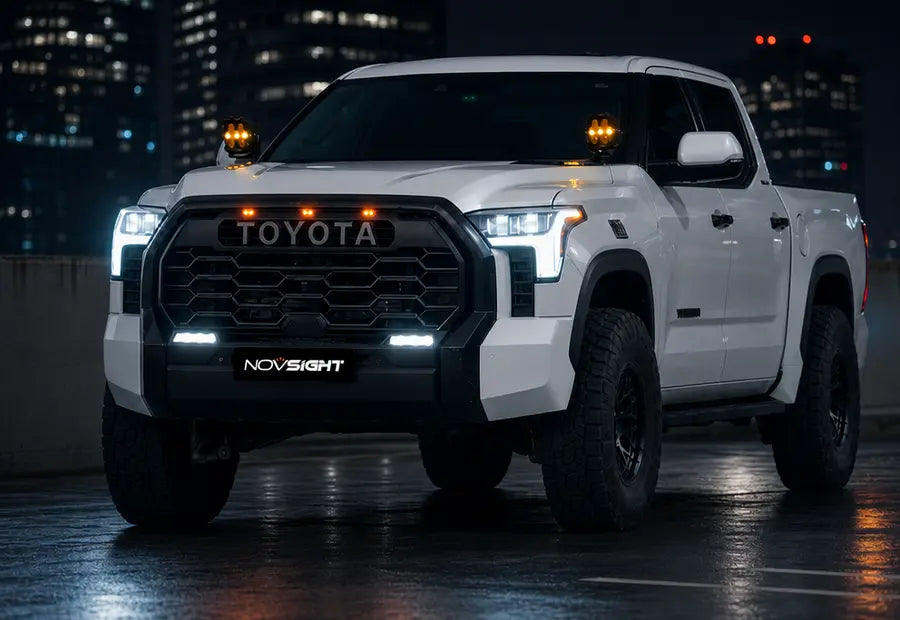 A white Toyota Tundra pickup truck shown from the front three-quarter angle, parked on a wet city street at night with city lights in the background. The truck is equipped with a black front bumper featuring the Novsight logo and amber auxiliary lights mounted above the windshield.