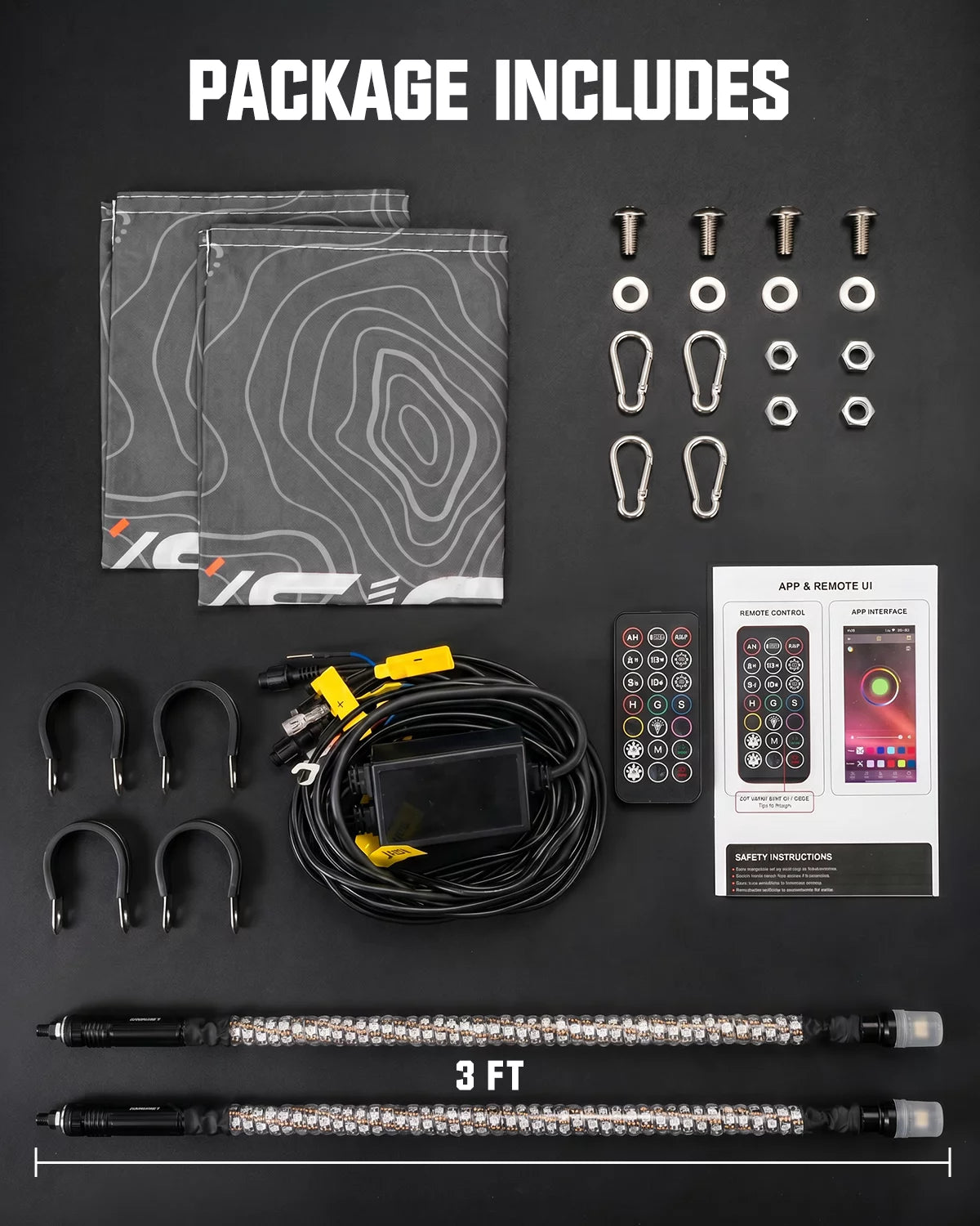 A package layout on a dark background showing included items: two patterned mounting bags, two black metal mounting brackets, a coiled black cable with yellow connectors, a remote control, a printed app & remote guide card, two long light bars, and several screws and hardware pieces. Large text at the top reads 'PACKAGE INCLUDES' and '3 FT' appears near the bottom.