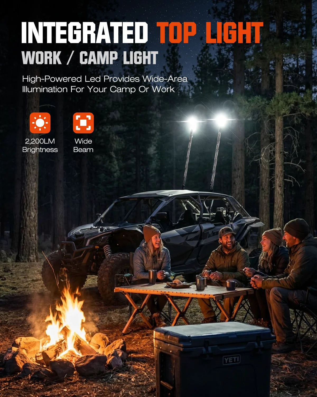 A promotional scene at night in a forest showing a group of people sitting around a campfire beside a UTV, with bright integrated top-light floodlights mounted above the vehicle. Large marketing text at the top reads 'INTEGRATED TOP LIGHT WORK / CAMP LIGHT' with feature icons for brightness and beam width.