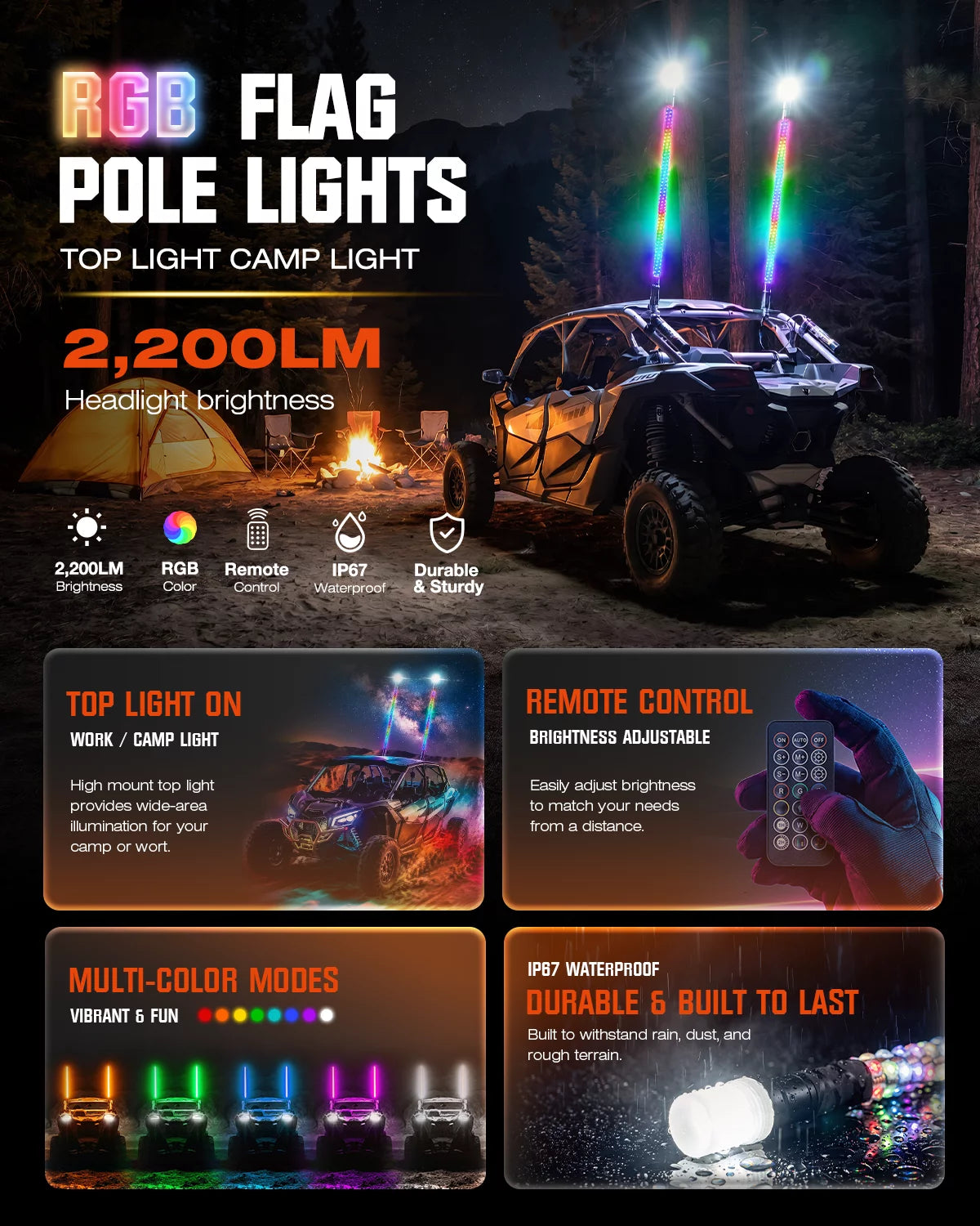 Promotional graphic for RGB flag pole lights showing a UTV at night with colorful illuminated poles, plus feature panels for top light on, remote control, multi-color modes, and IP water resistance.