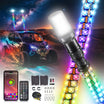 A set of colorful LED light strips shown with a smartphone app screen, remote control, mounting hardware, and a background scene of an off-road vehicle at night in a desert under a starry sky.