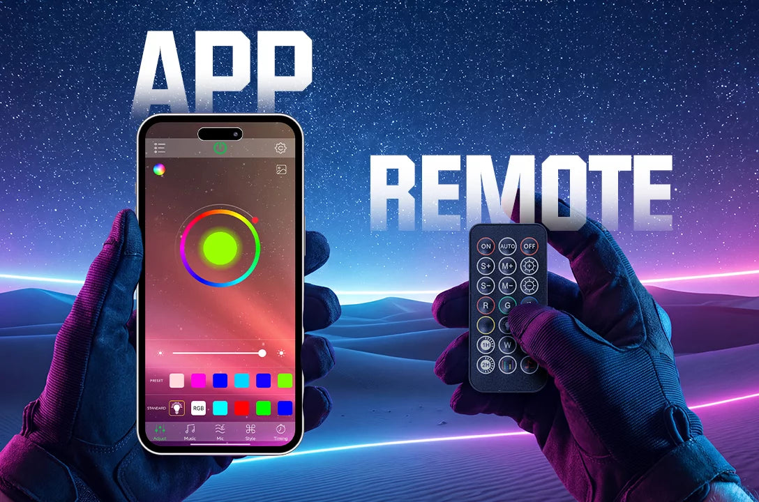 A gloved hand holds a smartphone displaying a colorful app control interface next to a small black remote control, with large text reading 'APP REMOTE' over a neon desert landscape background.