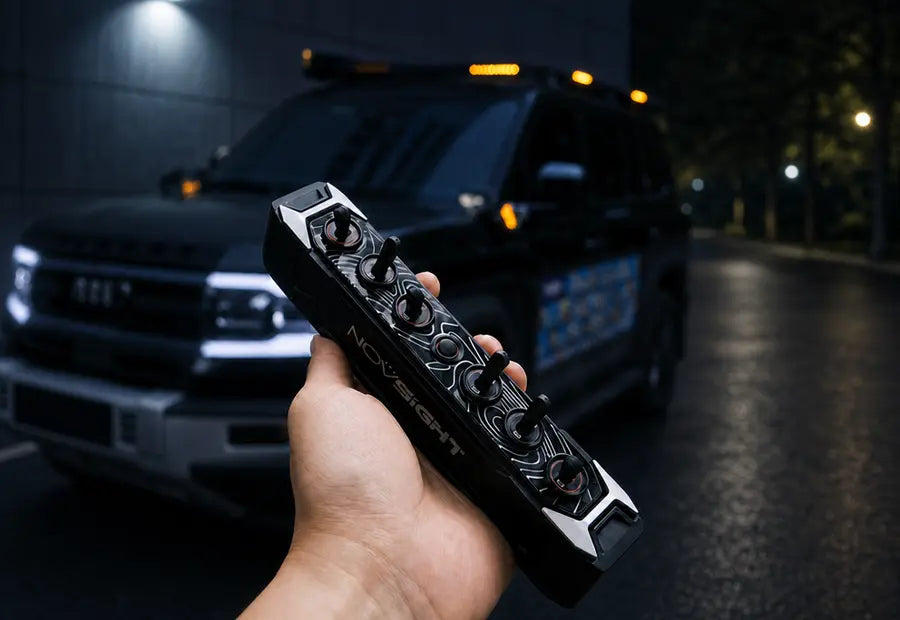 A hand holds a black and silver rotary controller labeled 'NOVSIGHT' in front of a blurred black SUV at night.