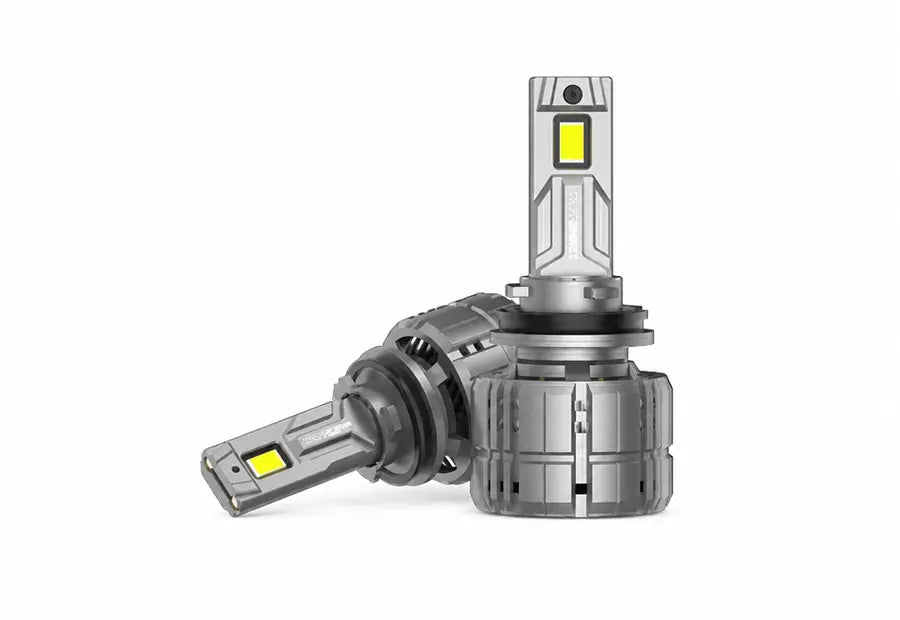Two silver LED car headlights with yellow light-emitting diodes, displayed on a clean white background.