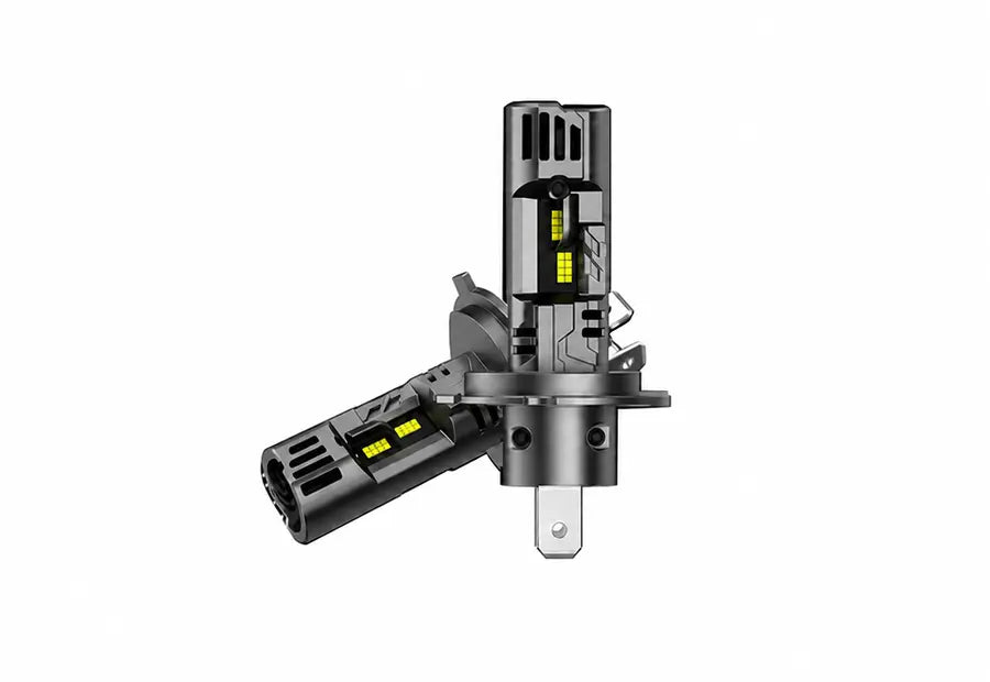 A pair of black and gray automotive LED headlight conversion modules with visible yellow LED chips, shown on a solid white background.