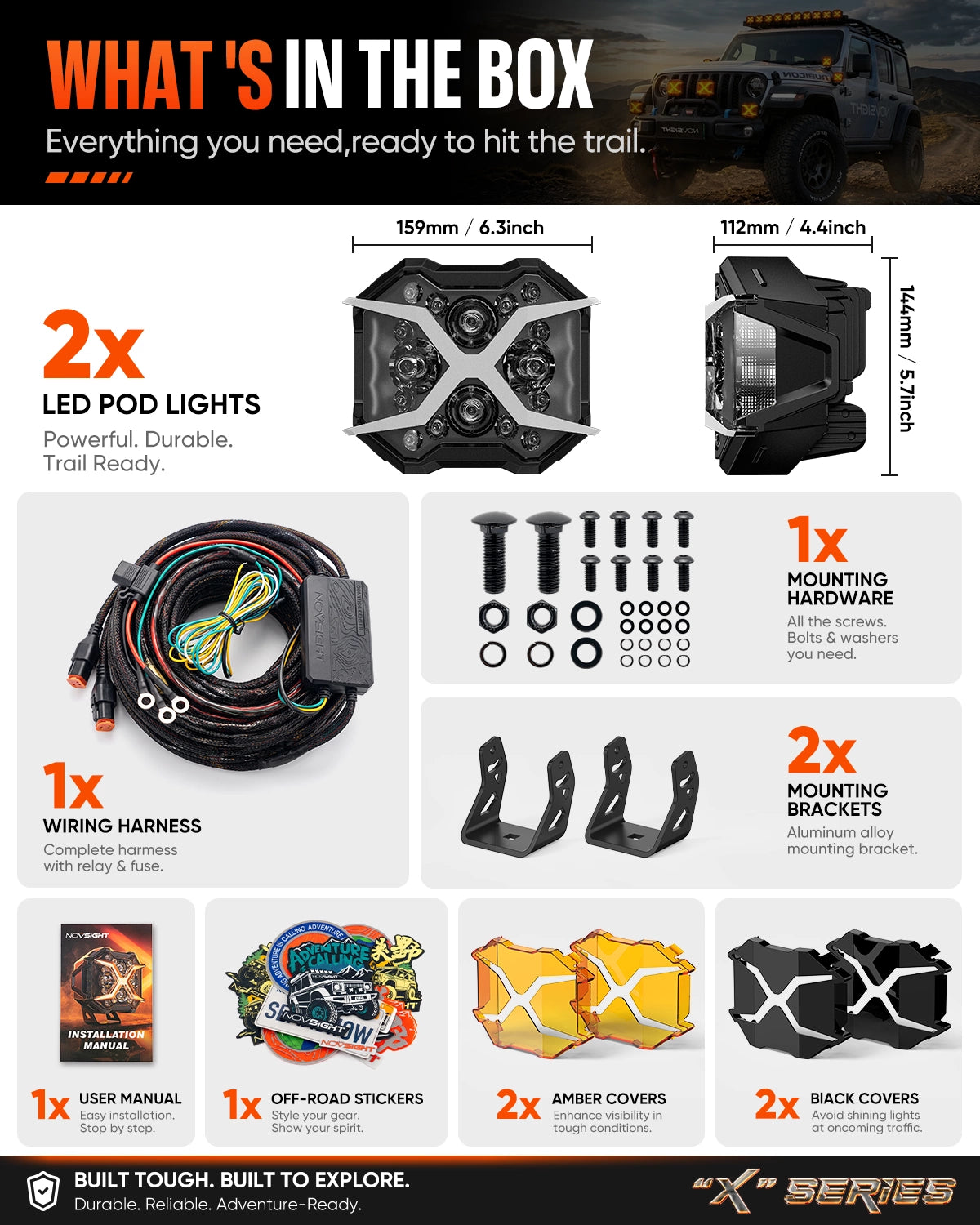 X7 complete kit: two pods, covers, harness and brackets