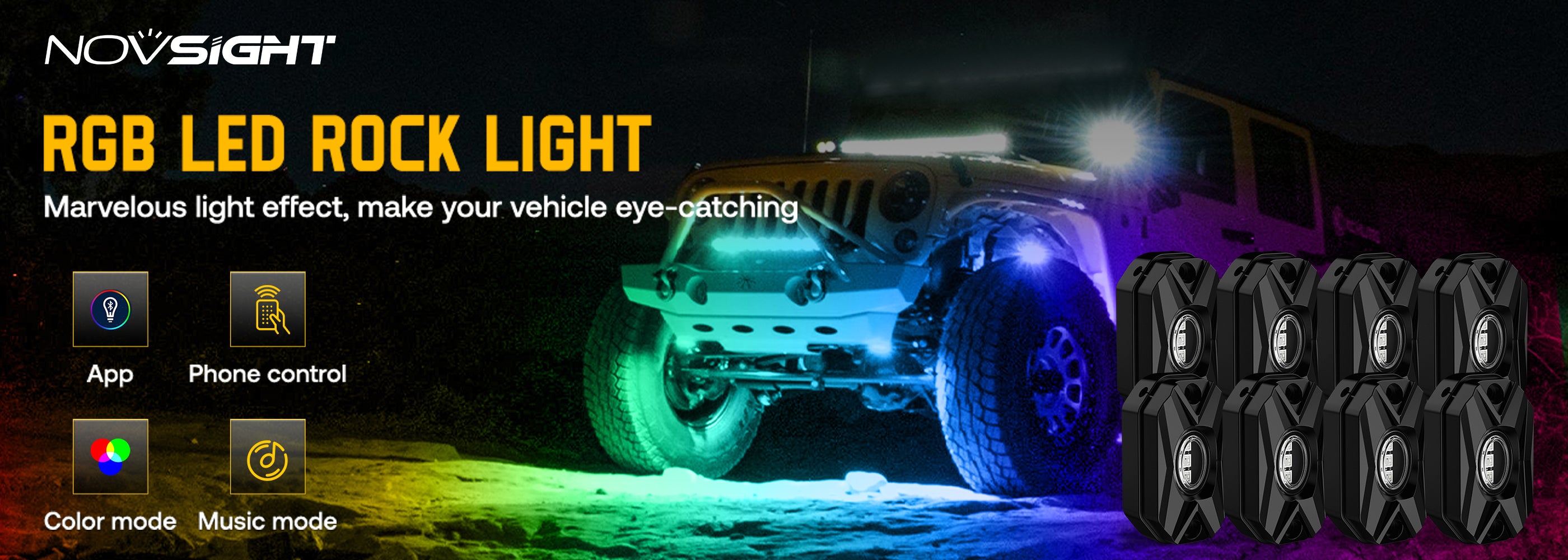 Novsight RGB LED Rock Lights Kit One to Eight for Outdoor Road for